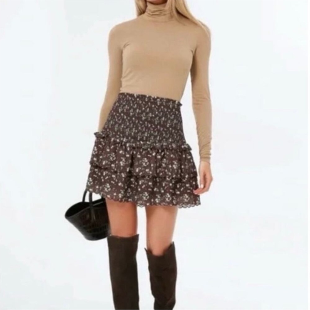 TUCKERNUCK HYACINTH HOUSE Womens Smocked Floral Mini Skirt tiered Brown-Medium